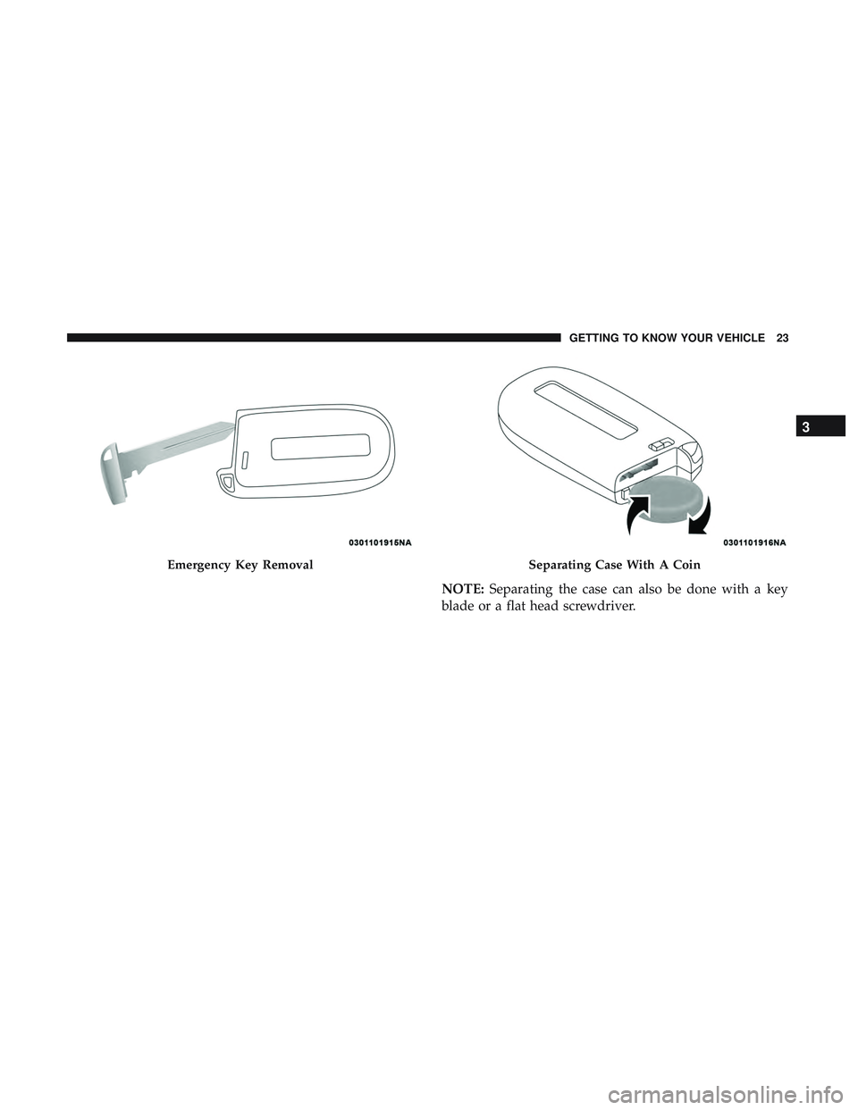 DODGE CHALLENGER 2019  Owners Manual Emergency Key RemovalSeparating Case With A Coin
NOTE:Separating the case can also be done with a key
blade or a flat head screwdriver.
3
GETTING TO KNOW YOUR VEHICLE 23 