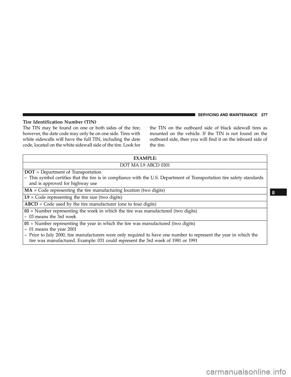DODGE CHALLENGER 2019 Owners Manual Tire Identification Number (TIN)
The TIN may be found on one or both sides of the tire;
however, the date code may only be on one side. Tires with
white sidewalls will have the full TIN, including the DODGE CHALLENGER 2019 Owners Manual Tire Identification Number (TIN)
The TIN may be found on one or both sides of the tire;
however, the date code may only be on one side. Tires with
white sidewalls will have the full TIN, including the