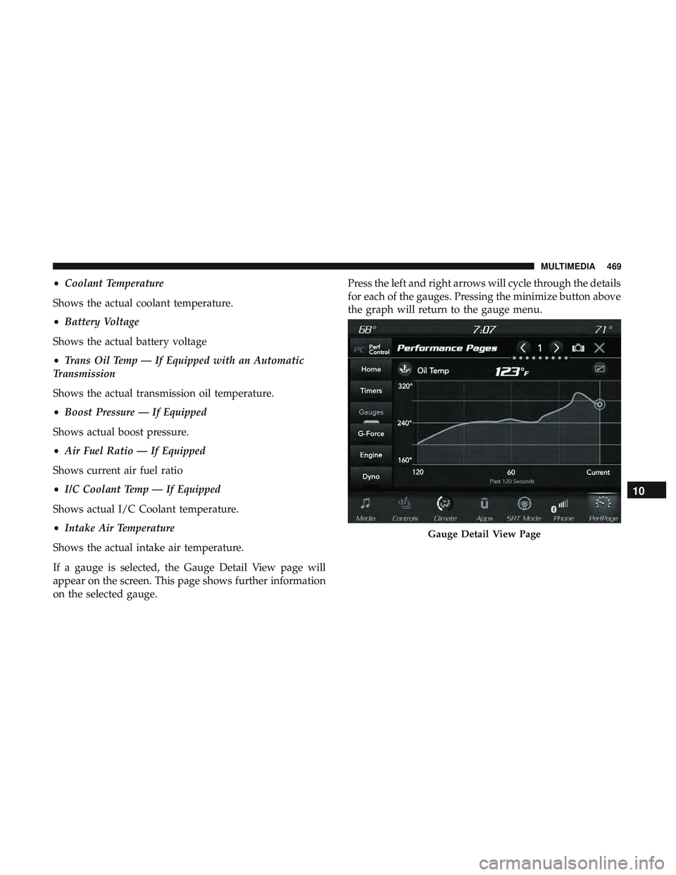 DODGE CHALLENGER 2019  Owners Manual •Coolant Temperature
Shows the actual coolant temperature.
• Battery Voltage
Shows the actual battery voltage
• Trans Oil Temp — If Equipped with an Automatic
Transmission
Shows the actual tra