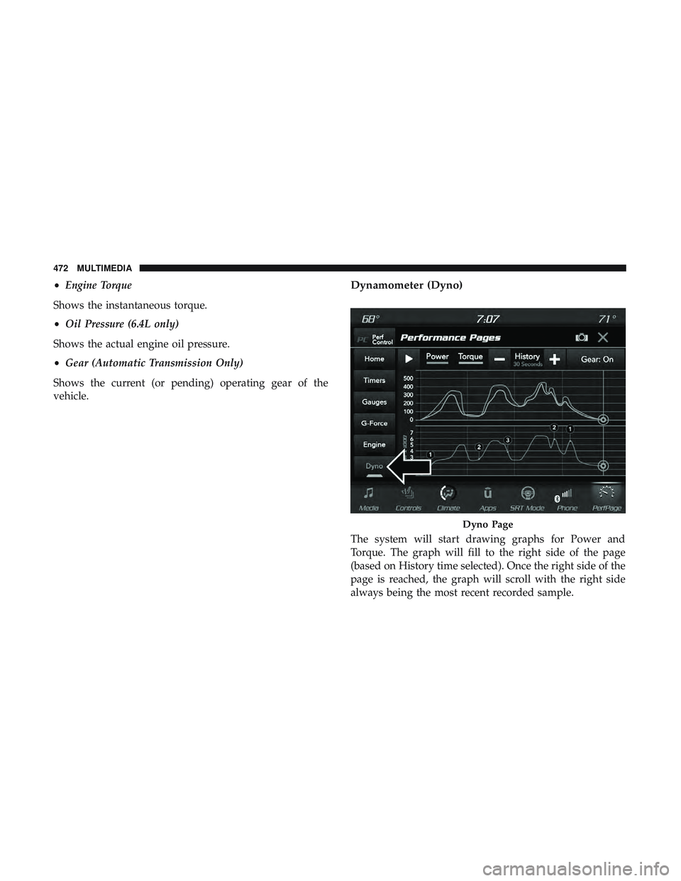 DODGE CHALLENGER 2019  Owners Manual •Engine Torque
Shows the instantaneous torque.
• Oil Pressure (6.4L only)
Shows the actual engine oil pressure.
• Gear (Automatic Transmission Only)
Shows the current (or pending) operating gear