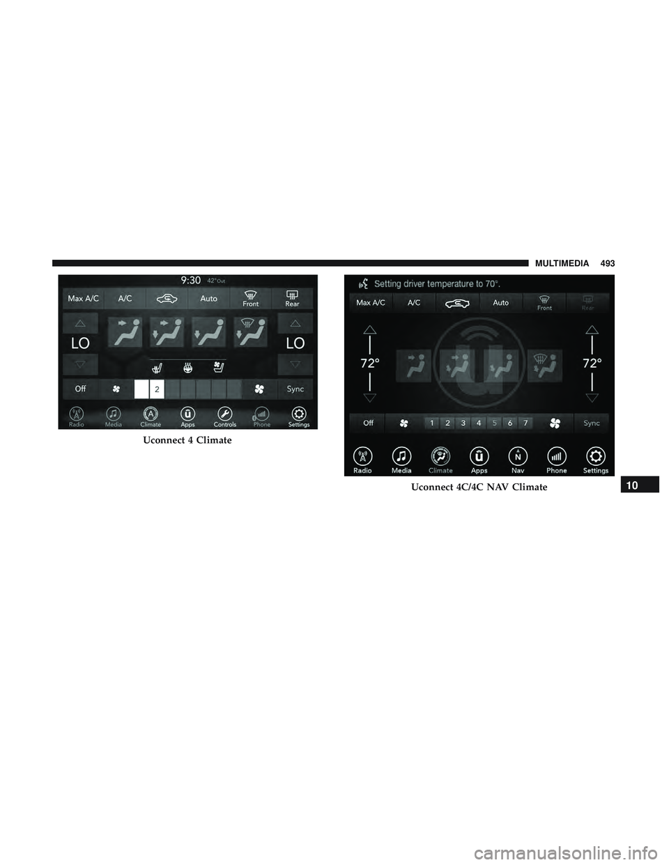 DODGE CHALLENGER 2019  Owners Manual Uconnect 4 Climate
Uconnect 4C/4C NAV Climate10
MULTIMEDIA 493 