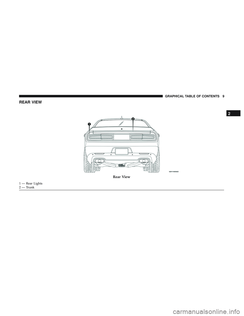 DODGE CHALLENGER SRT 2019  Owners Manual REAR VIEW
Rear View
1 — Rear Lights
2 — Trunk
2
GRAPHICAL TABLE OF CONTENTS 9 