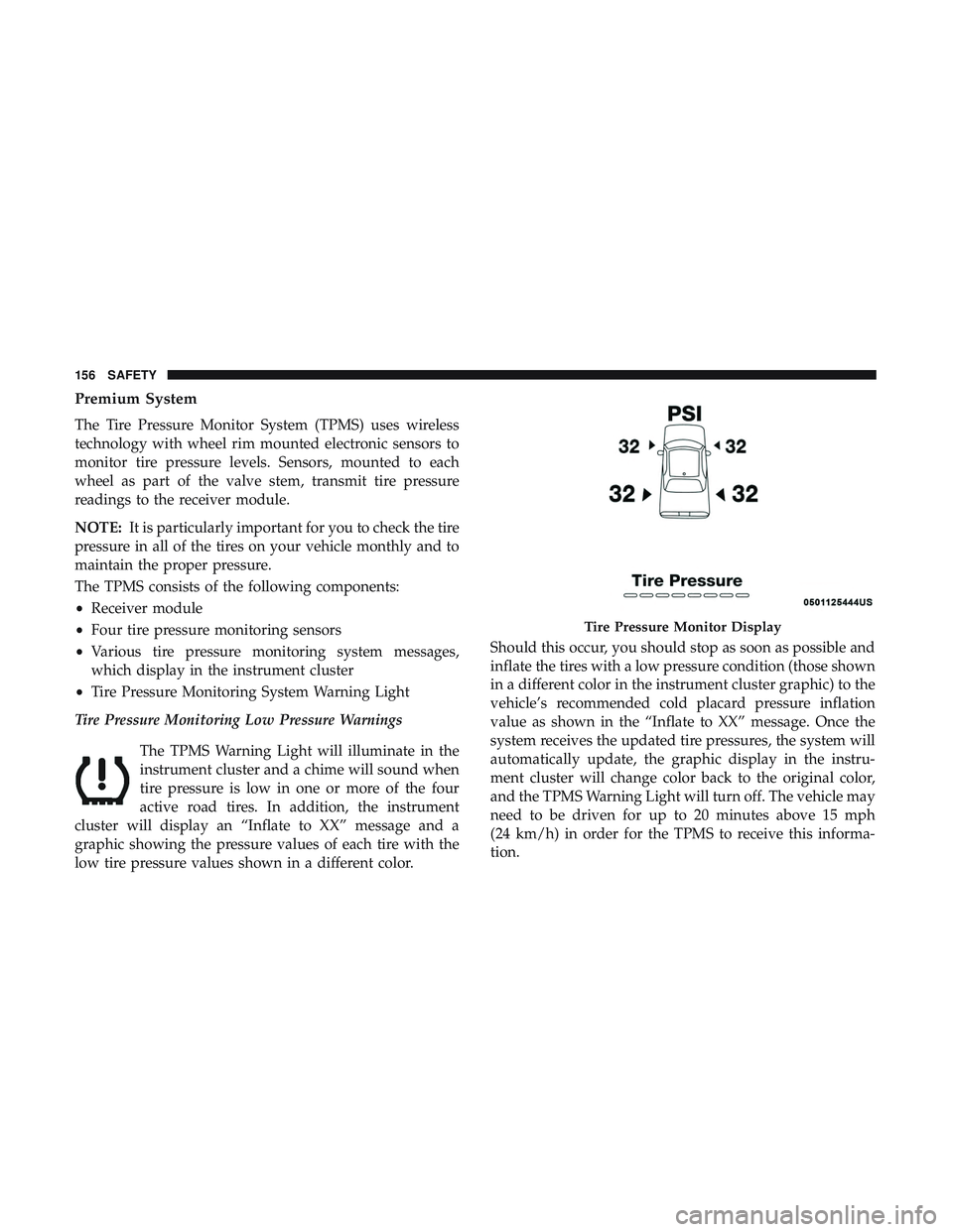 DODGE CHALLENGER SRT 2019 Owners Manual Premium System
The Tire Pressure Monitor System (TPMS) uses wireless
technology with wheel rim mounted electronic sensors to
monitor tire pressure levels. Sensors, mounted to each
wheel as part of the DODGE CHALLENGER SRT 2019 Owners Manual Premium System
The Tire Pressure Monitor System (TPMS) uses wireless
technology with wheel rim mounted electronic sensors to
monitor tire pressure levels. Sensors, mounted to each
wheel as part of the