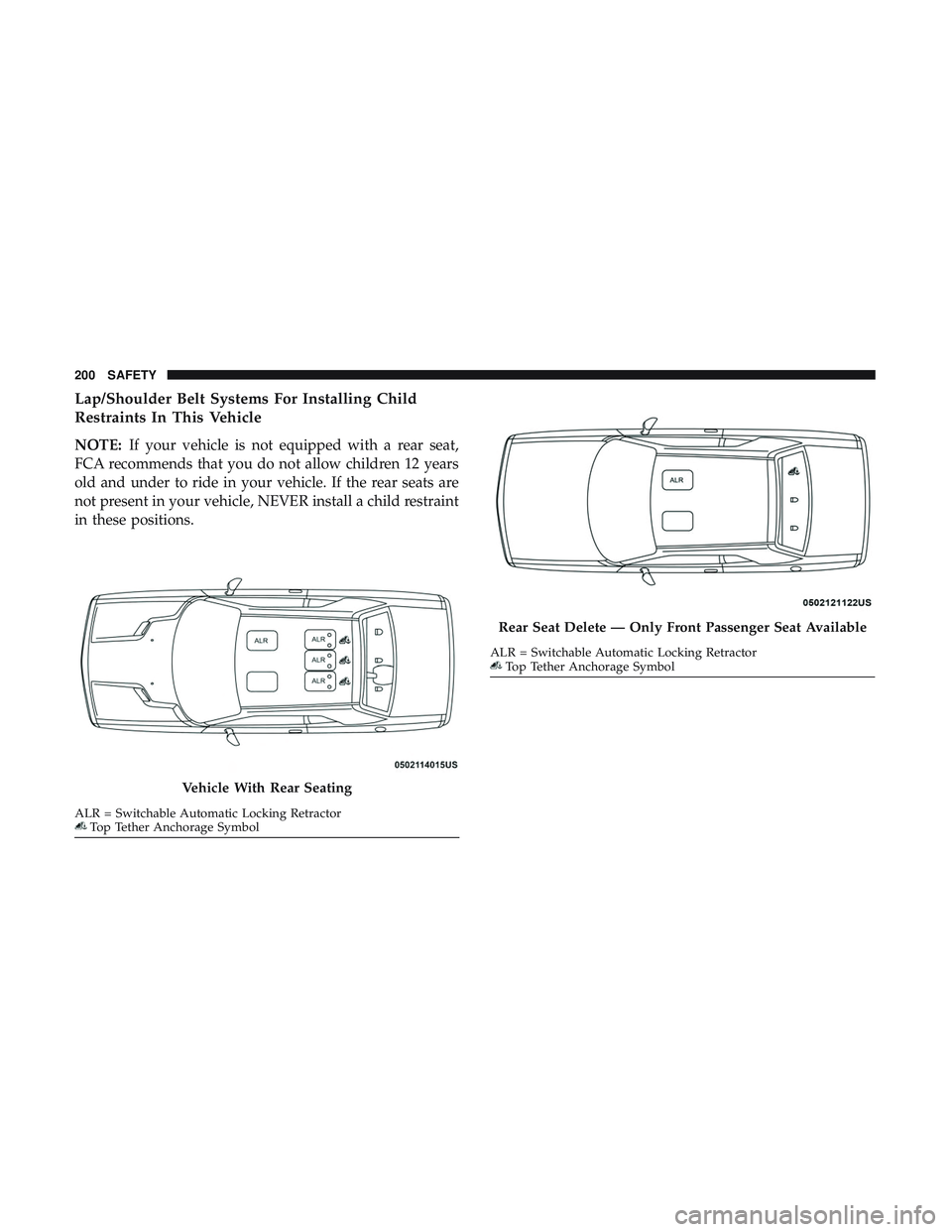 DODGE CHALLENGER SRT 2019  Owners Manual Lap/Shoulder Belt Systems For Installing Child
Restraints In This Vehicle
NOTE:If your vehicle is not equipped with a rear seat,
FCA recommends that you do not allow children 12 years
old and under to