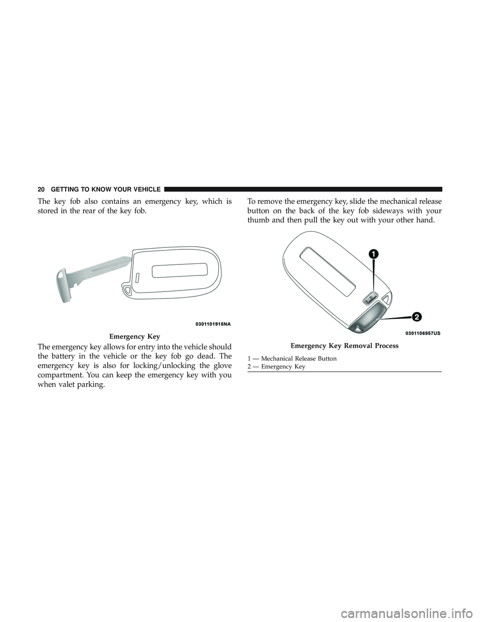 DODGE CHALLENGER SRT 2019  Owners Manual The key fob also contains an emergency key, which is
stored in the rear of the key fob.
The emergency key allows for entry into the vehicle should
the battery in the vehicle or the key fob go dead. Th