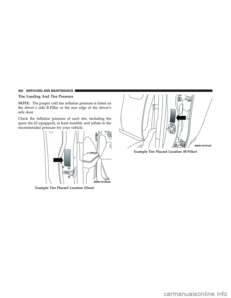 DODGE CHALLENGER SRT 2019  Owners Manual Tire Loading And Tire Pressure
NOTE:The proper cold tire inflation pressure is listed on
the driver ’s side B-Pillar or the rear edge of the driver’s
side door.
Check the inflation pressure of eac