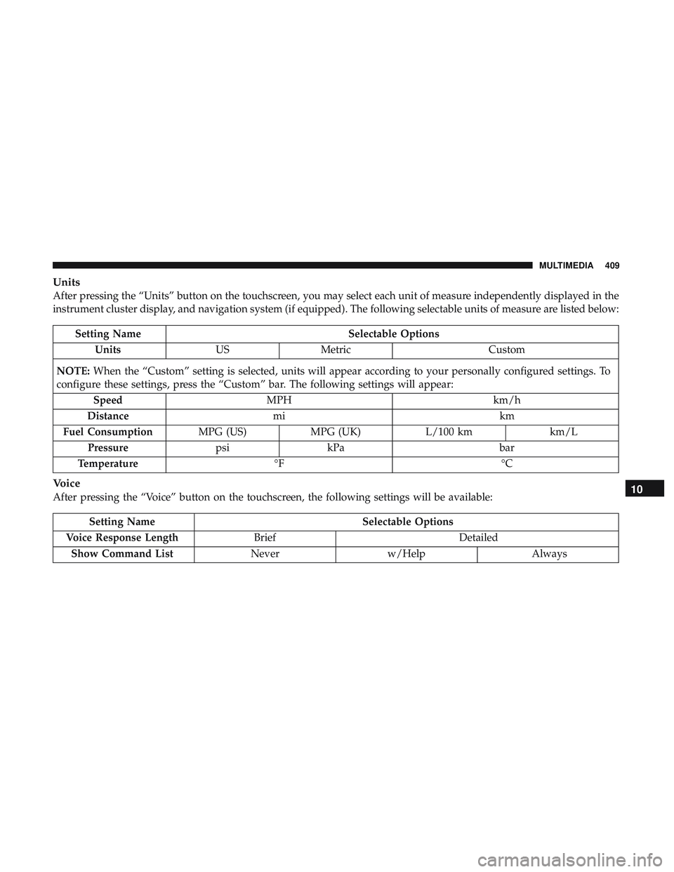 DODGE CHALLENGER SRT 2019  Owners Manual Units
After pressing the “Units” button on the touchscreen, you may select each unit of measure independently displayed in the
instrument cluster display, and navigation system (if equipped). The 