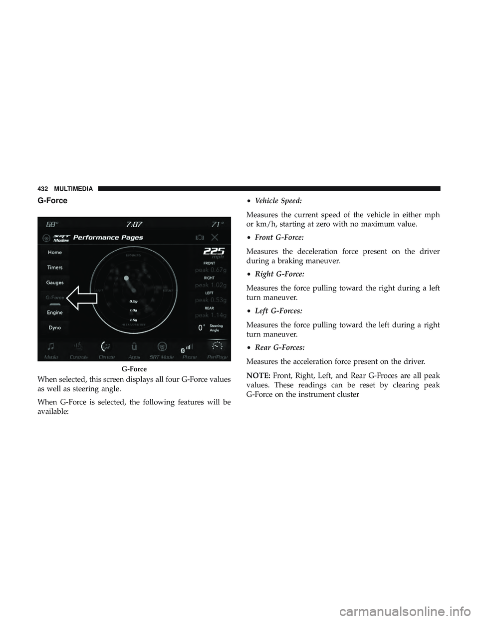 DODGE CHALLENGER SRT 2019  Owners Manual G-Force
When selected, this screen displays all four G-Force values
as well as steering angle.
When G-Force is selected, the following features will be
available:•
Vehicle Speed:
Measures the curren