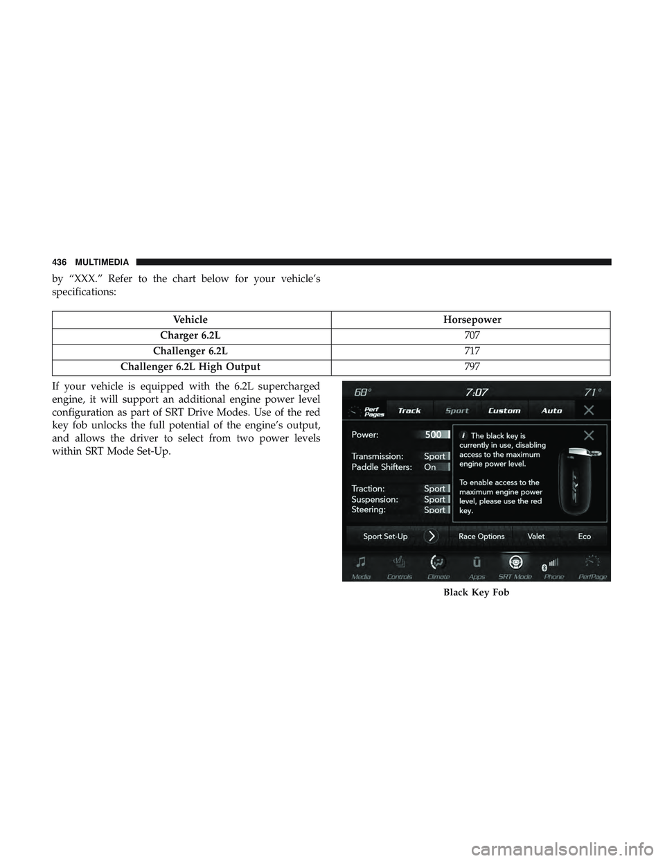 DODGE CHALLENGER SRT 2019  Owners Manual by “XXX.” Refer to the chart below for your vehicle’s
specifications:
VehicleHorsepower
Charger 6.2L 707
Challenger 6.2L 717
Challenger 6.2L High Output 797
If your vehicle is equipped with the 