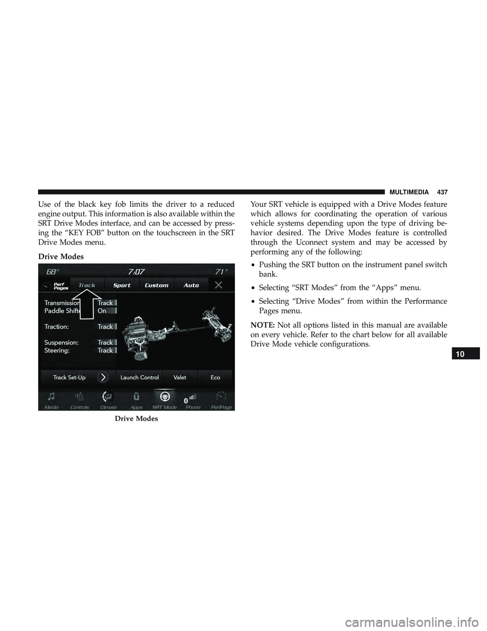 DODGE CHALLENGER SRT 2019  Owners Manual Use of the black key fob limits the driver to a reduced
engine output. This information is also available within the
SRT Drive Modes interface, and can be accessed by press-
ing the “KEY FOB” butt