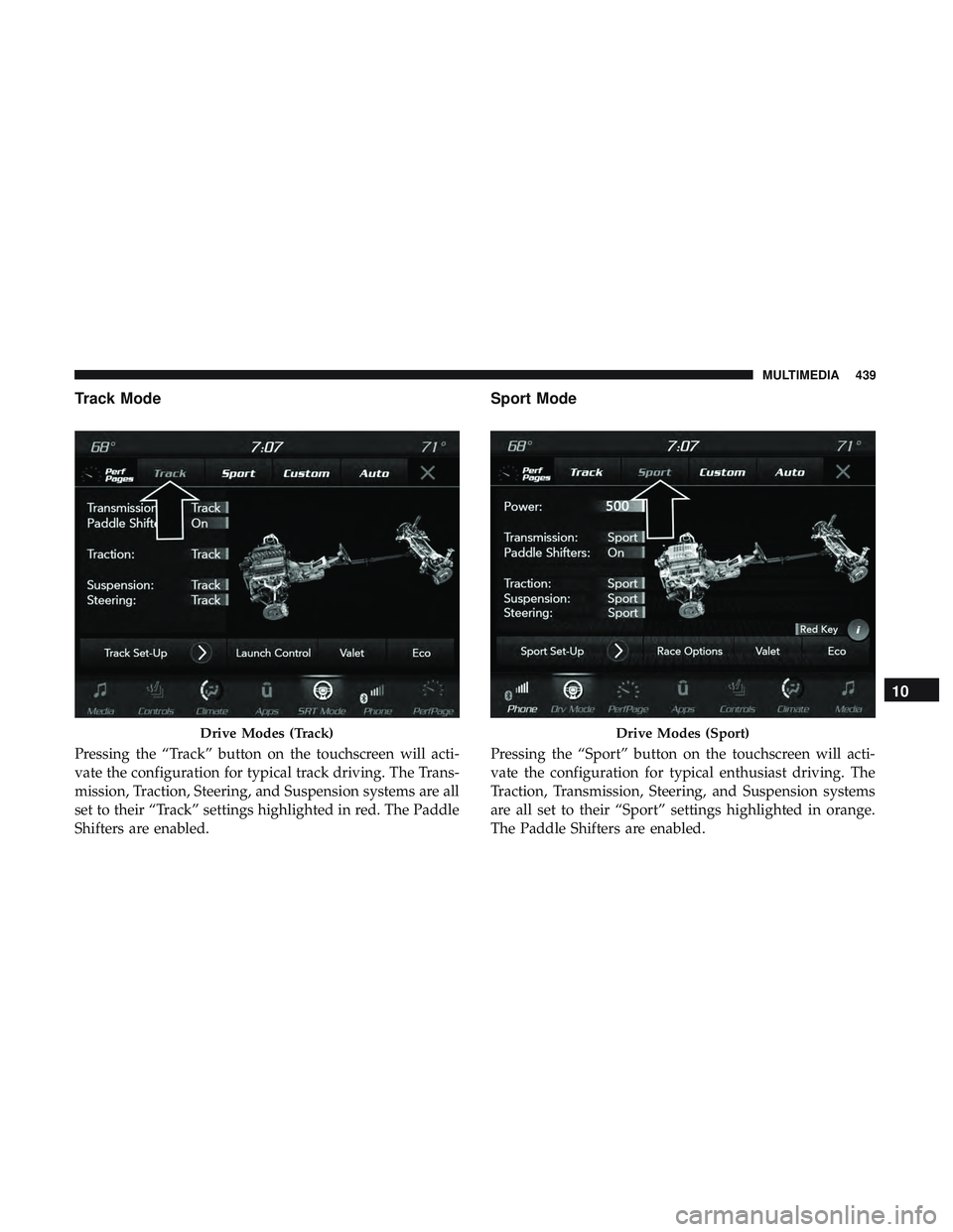 DODGE CHALLENGER SRT 2019  Owners Manual Track Mode
Pressing the “Track” button on the touchscreen will acti-
vate the configuration for typical track driving. The Trans-
mission, Traction, Steering, and Suspension systems are all
set to