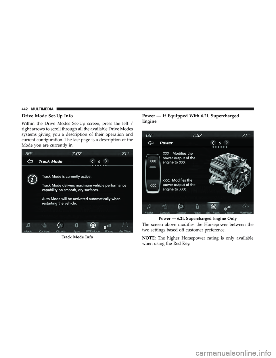 DODGE CHALLENGER SRT 2019  Owners Manual Drive Mode Set-Up Info
Within the Drive Modes Set-Up screen, press the left /
right arrows to scroll through all the available Drive Modes
systems giving you a description of their operation and
curre
