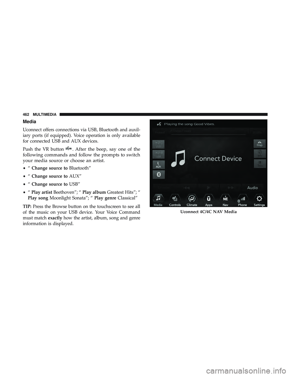 DODGE CHALLENGER SRT 2019  Owners Manual Media
Uconnect offers connections via USB, Bluetooth and auxil-
iary ports (if equipped). Voice operation is only available
for connected USB and AUX devices.
Push the VR button
. After the beep, say 