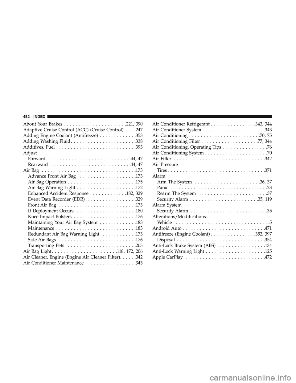 DODGE CHALLENGER SRT 2019 Owners Manual About Your Brakes..................... .221, 390
Adaptive Cruise Control (ACC) (Cruise Control) . . . .247
Adding Engine Coolant (Antifreeze) .............353
Adding Washing Fluid .................... DODGE CHALLENGER SRT 2019 Owners Manual About Your Brakes..................... .221, 390
Adaptive Cruise Control (ACC) (Cruise Control) . . . .247
Adding Engine Coolant (Antifreeze) .............353
Adding Washing Fluid ....................