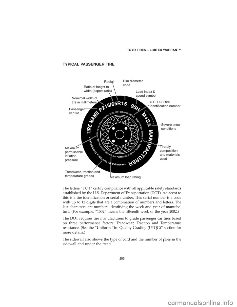 DODGE CHALLENGER SRT 2019  Vehicle Warranty TYPICAL PASSENGER TIRE
The letters “DOT” certify compliance with all applicable safety standards
established by the U.S. Department of Transportation (DOT). Adjacent to
this is a tire identificati