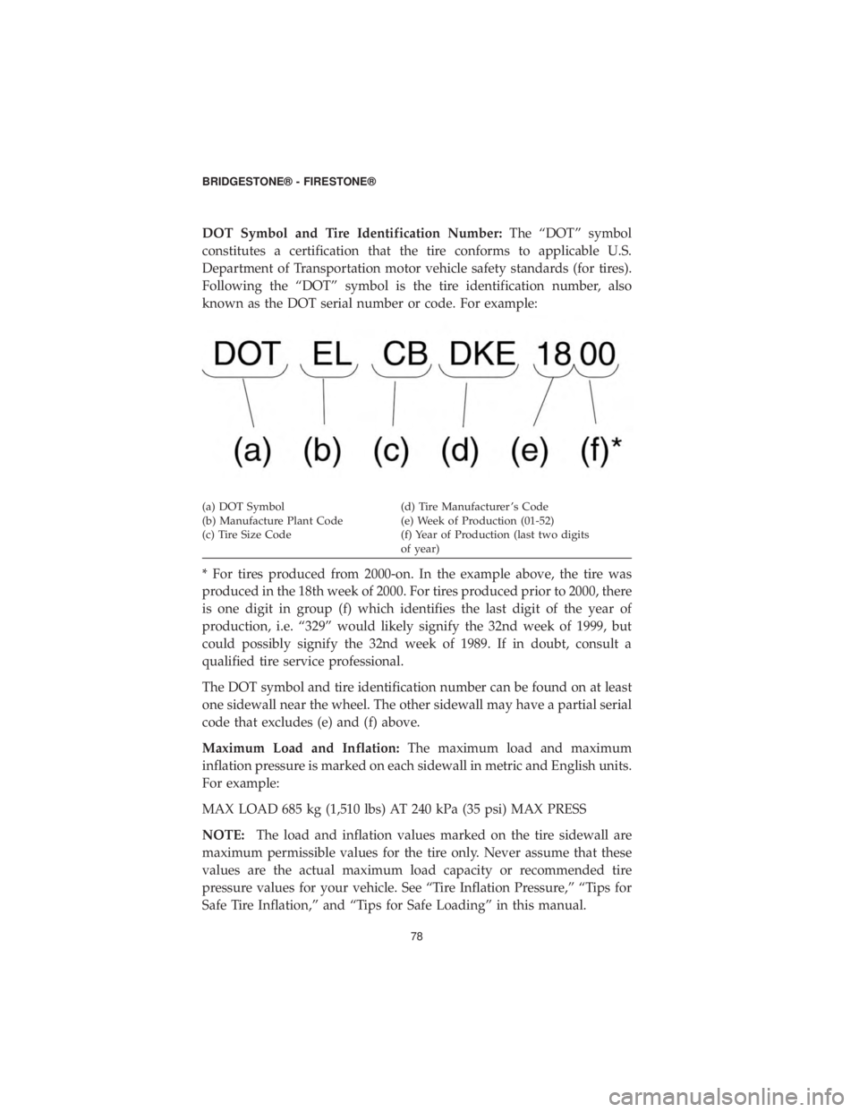 DODGE CHALLENGER SRT 2019  Vehicle Warranty DOT Symbol and Tire Identification Number:The “DOT” symbol
constitutes a certification that the tire conforms to applicable U.S.
Department of Transportation motor vehicle safety standards (for ti