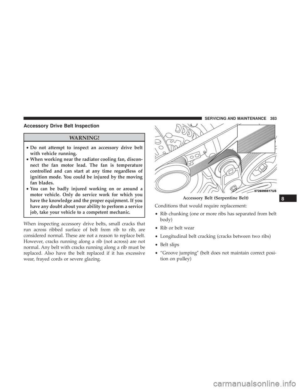 DODGE CHARGER 2019  Owners Manual Accessory Drive Belt Inspection
WARNING!
•Do not attempt to inspect an accessory drive belt
with vehicle running.
• When working near the radiator cooling fan, discon-
nect the fan motor lead. The