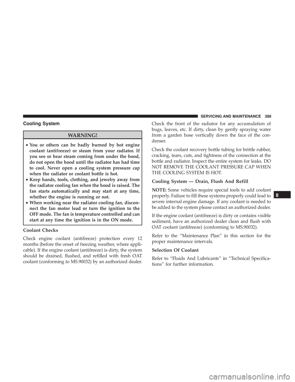 DODGE CHARGER 2019  Owners Manual Cooling System
WARNING!
•You or others can be badly burned by hot engine
coolant (antifreeze) or steam from your radiator. If
you see or hear steam coming from under the hood,
do not open the hood u