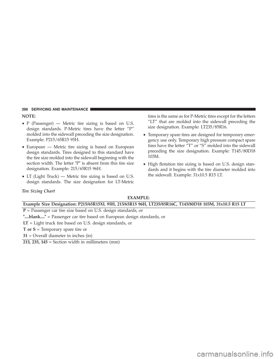 DODGE CHARGER 2019  Owners Manual NOTE:
•P (Passenger) — Metric tire sizing is based on U.S.
design standards. P-Metric tires have the letter “P”
molded into the sidewall preceding the size designation.
Example: P215/65R15 95H