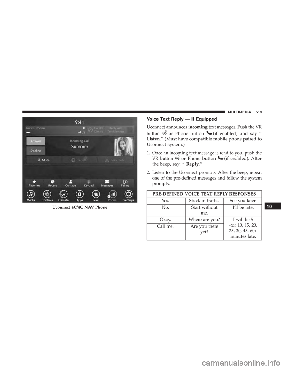 DODGE CHARGER 2019  Owners Manual Voice Text Reply — If Equipped
Uconnect announcesincomingtext messages. Push the VR
button
or Phone button(if enabled) and say “
Listen.” (Must have compatible mobile phone paired to
Uconnect sy