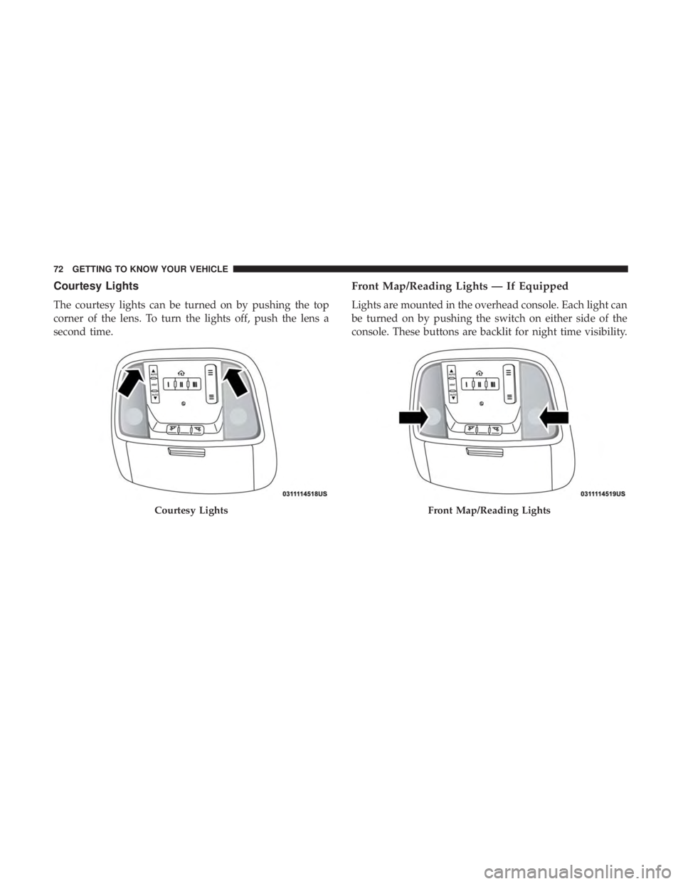 DODGE CHARGER 2019  Owners Manual Courtesy Lights
The courtesy lights can be turned on by pushing the top
corner of the lens. To turn the lights off, push the lens a
second time.
Front Map/Reading Lights — If Equipped
Lights are mou