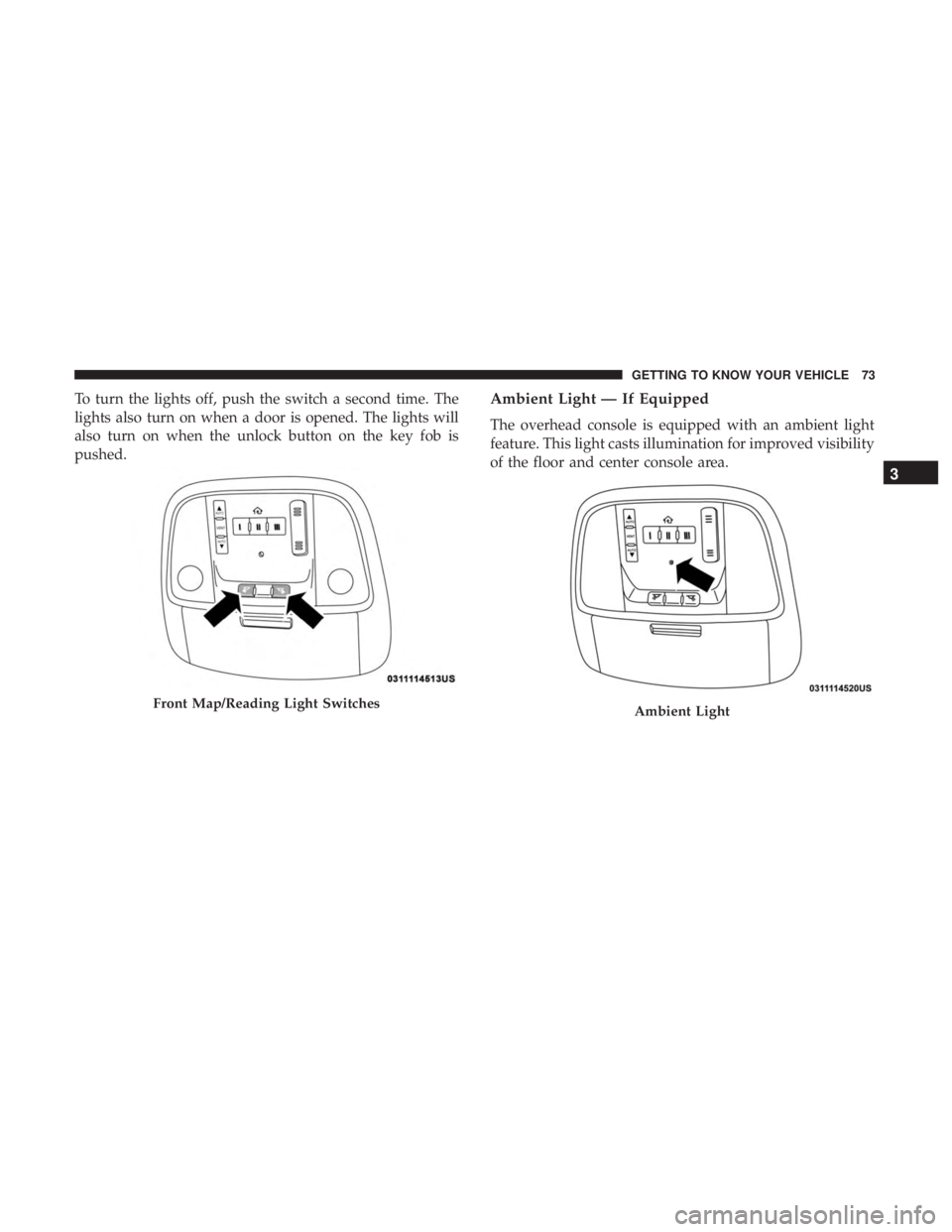 DODGE CHARGER 2019  Owners Manual To turn the lights off, push the switch a second time. The
lights also turn on when a door is opened. The lights will
also turn on when the unlock button on the key fob is
pushed.Ambient Light — If 