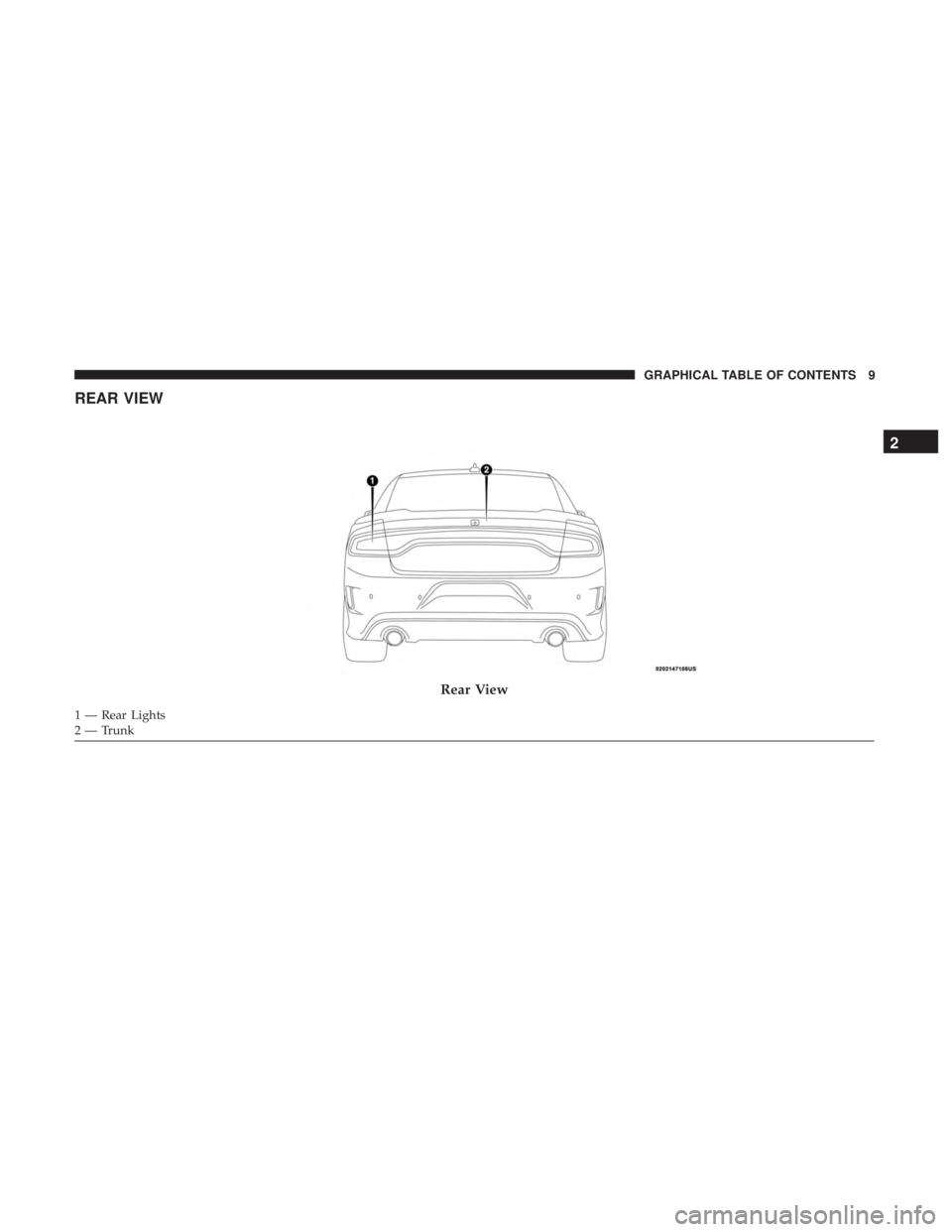 DODGE CHARGER SRT 2019  Owners Manual REAR VIEW
Rear View
1 — Rear Lights
2 — Trunk
2
GRAPHICAL TABLE OF CONTENTS 9 