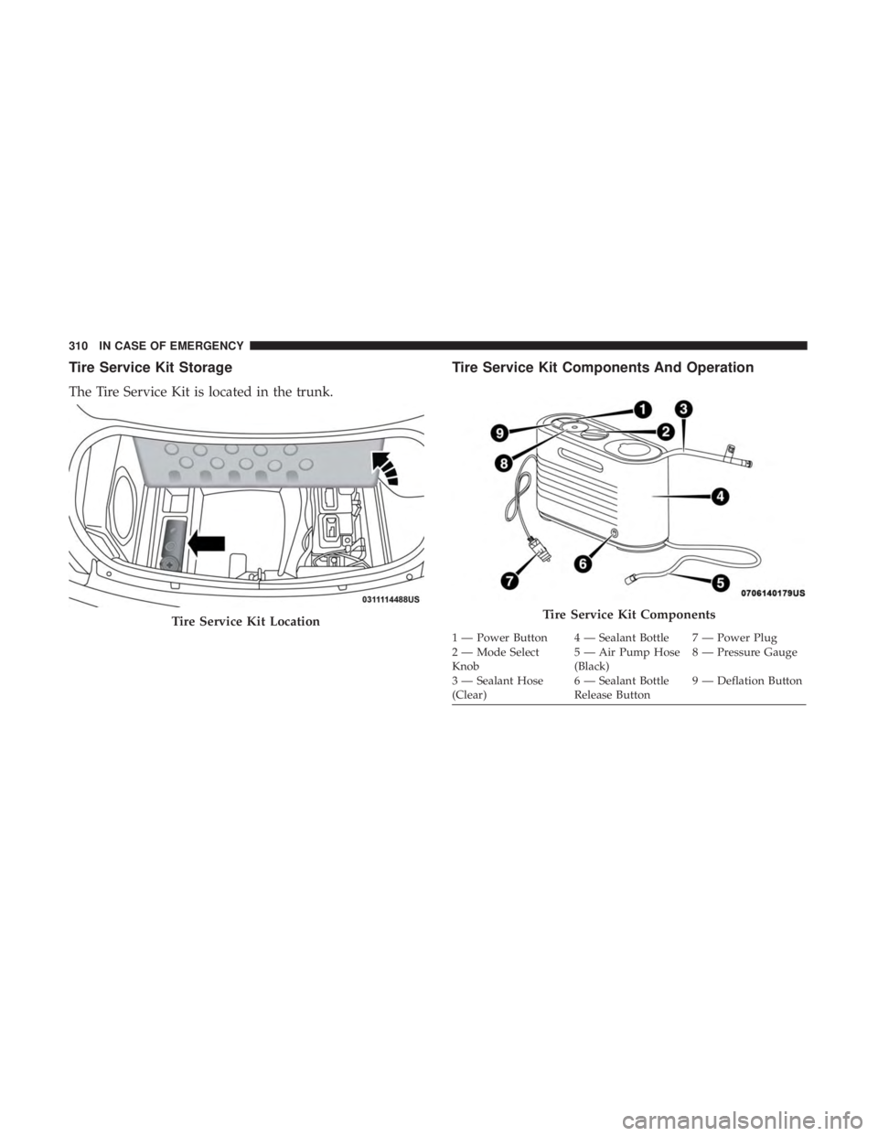 DODGE CHARGER SRT 2019  Owners Manual Tire Service Kit Storage
The Tire Service Kit is located in the trunk.
Tire Service Kit Components And Operation
Tire Service Kit LocationTire Service Kit Components
1 — Power Button 4 — Sealant B