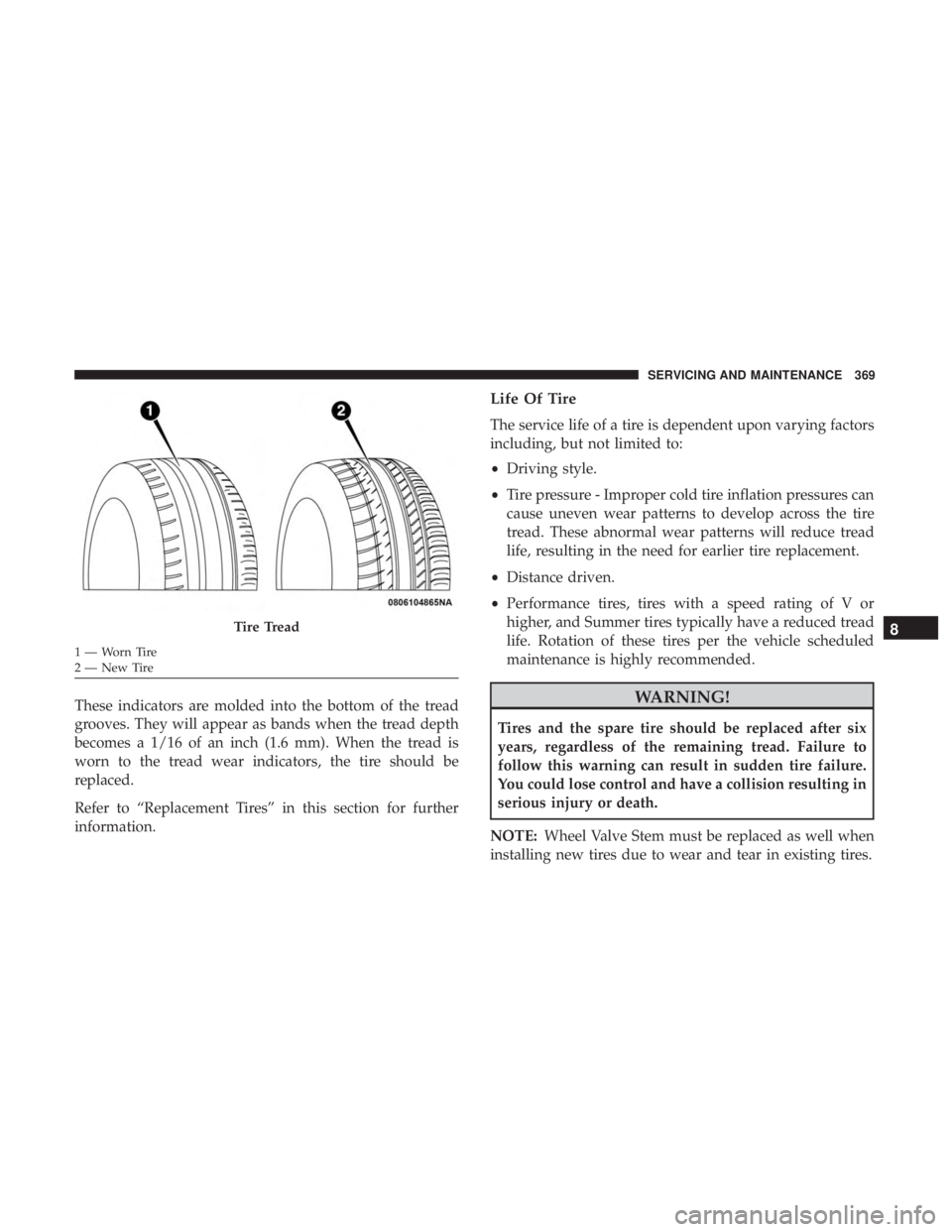 DODGE CHARGER SRT 2019  Owners Manual These indicators are molded into the bottom of the tread
grooves. They will appear as bands when the tread depth
becomes a 1/16 of an inch (1.6 mm). When the tread is
worn to the tread wear indicators