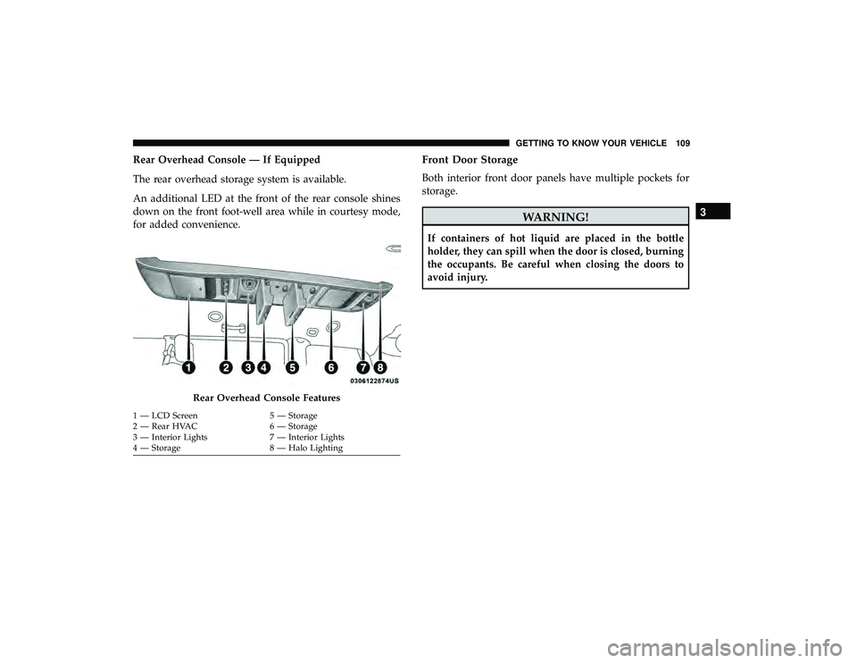 DODGE GRAND CARAVAN 2019  Owners Manual Rear Overhead Console — If Equipped
The rear overhead storage system is available.
An additional LED at the front of the rear console shines
down on the front foot-well area while in courtesy mode,
