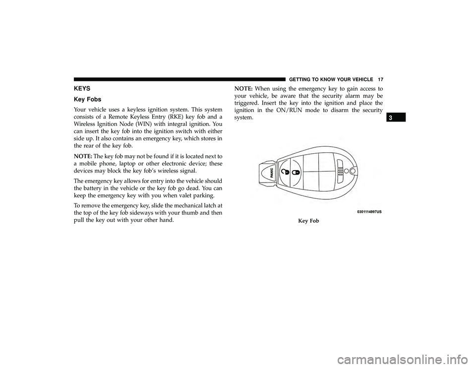 DODGE GRAND CARAVAN 2019  Owners Manual KEYS
Key Fobs
Your vehicle uses a keyless ignition system. This system
consists of a Remote Keyless Entry (RKE) key fob and a
Wireless Ignition Node (WIN) with integral ignition. You
can insert the ke