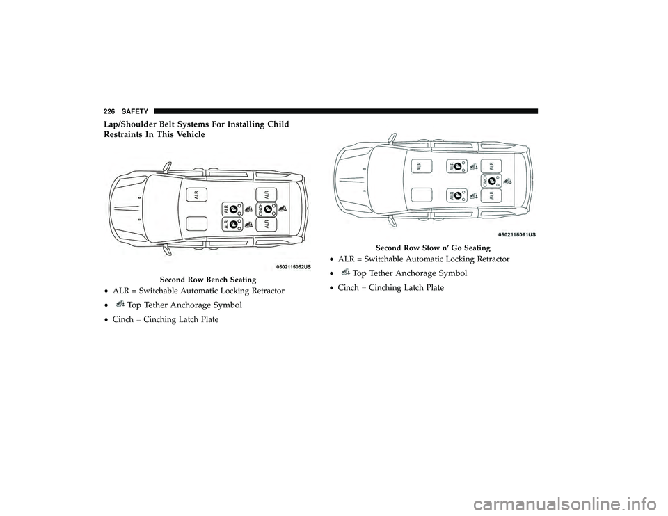 DODGE GRAND CARAVAN 2019  Owners Manual Lap/Shoulder Belt Systems For Installing Child
Restraints In This Vehicle
Second Row Bench Seating
•ALR = Switchable Automatic Locking Retractor
•
Top Tether Anchorage Symbol
• Cinch = Cinching 