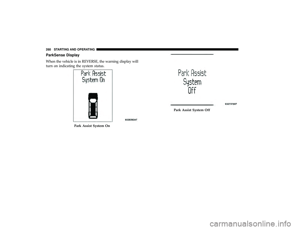 DODGE GRAND CARAVAN 2019  Owners Manual ParkSense Display
When the vehicle is in REVERSE, the warning display will
turn on indicating the system status.
Park Assist System On
Park Assist System Off
260 STARTING AND OPERATING 