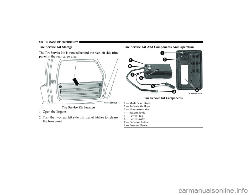 DODGE GRAND CARAVAN 2019  Owners Manual Tire Service Kit Storage
The Tire Service Kit is stowed behind the rear left side trim
panel in the rear cargo area.
1. Open the liftgate.
2. Turn the two rear left side trim panel latches to releaset