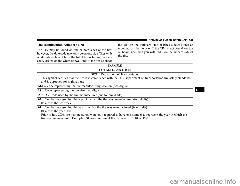 DODGE GRAND CARAVAN 2019 Owners Manual Tire Identification Number (TIN)
The TIN may be found on one or both sides of the tire;
however, the date code may only be on one side. Tires with
white sidewalls will have the full TIN, including the DODGE GRAND CARAVAN 2019 Owners Manual Tire Identification Number (TIN)
The TIN may be found on one or both sides of the tire;
however, the date code may only be on one side. Tires with
white sidewalls will have the full TIN, including the
