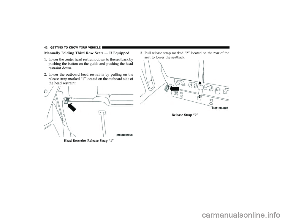 DODGE GRAND CARAVAN 2019  Owners Manual Manually Folding Third Row Seats — If Equipped
1. Lower the center head restraint down to the seatback bypushing the button on the guide and pushing the head
restraint down.
2. Lower the outboard he