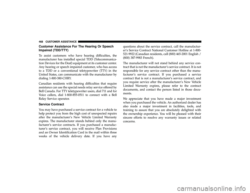 DODGE GRAND CARAVAN 2019  Owners Manual Customer Assistance For The Hearing Or Speech
Impaired (TDD/TTY)
To assist customers who have hearing difficulties, the
manufacturer has installed special TDD (Telecommunica-
tion Devices for the Deaf