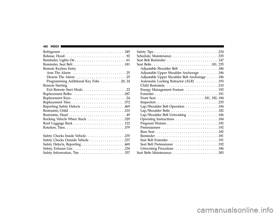 DODGE GRAND CARAVAN 2019  Owners Manual Refrigerant.............................. .345
Release, Hood ..............................92
Reminder, Lights On .........................61
Reminder, Seat Belt ........................ .181
Remote K