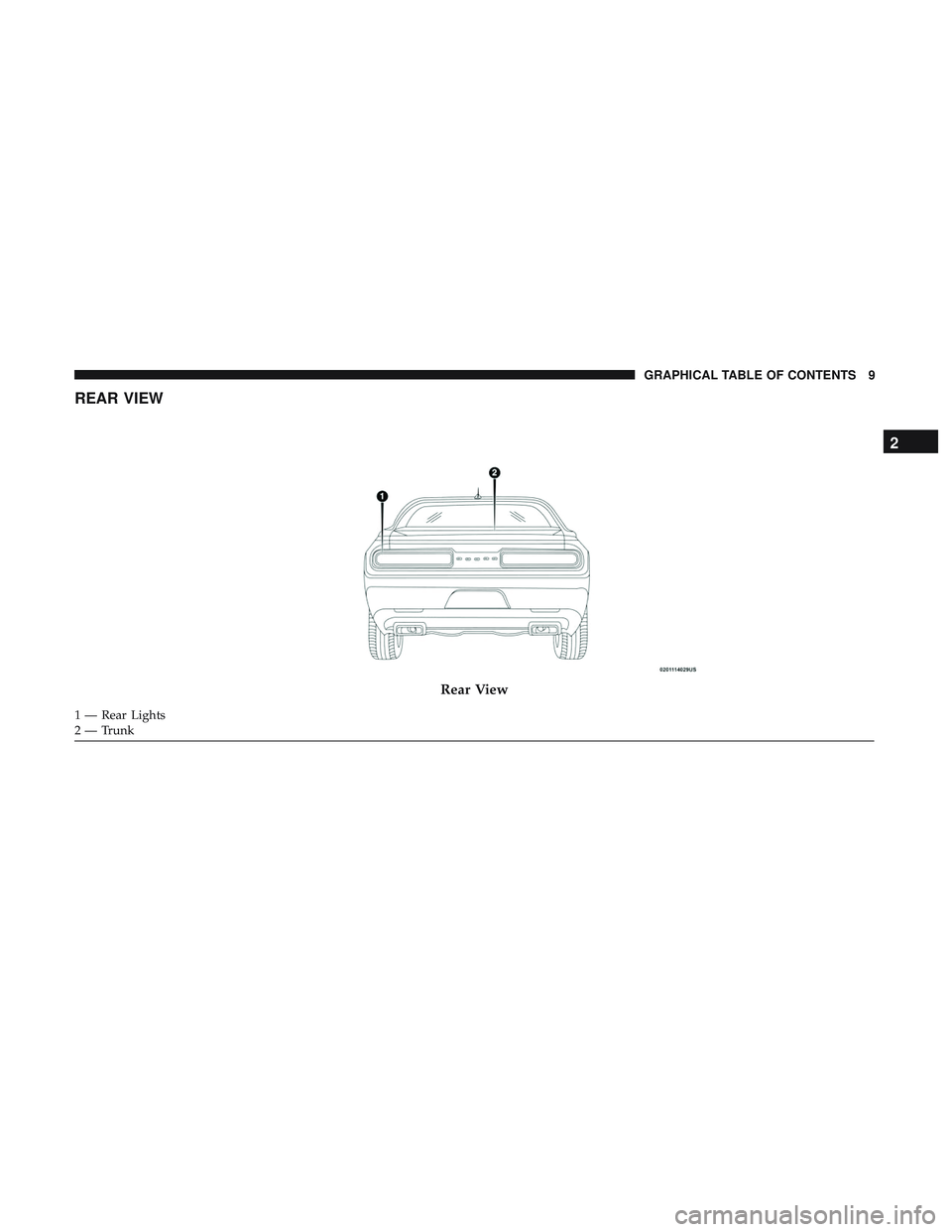 DODGE CHALLENGER 2018  Owners Manual REAR VIEW
Rear View
1 — Rear Lights
2 — Trunk
2
GRAPHICAL TABLE OF CONTENTS 9 