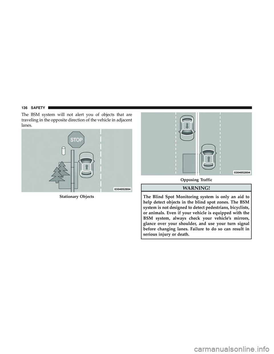 DODGE CHALLENGER 2018  Owners Manual The BSM system will not alert you of objects that are
traveling in the opposite direction of the vehicle in adjacent
lanes.
WARNING!
The Blind Spot Monitoring system is only an aid to
help detect obje
