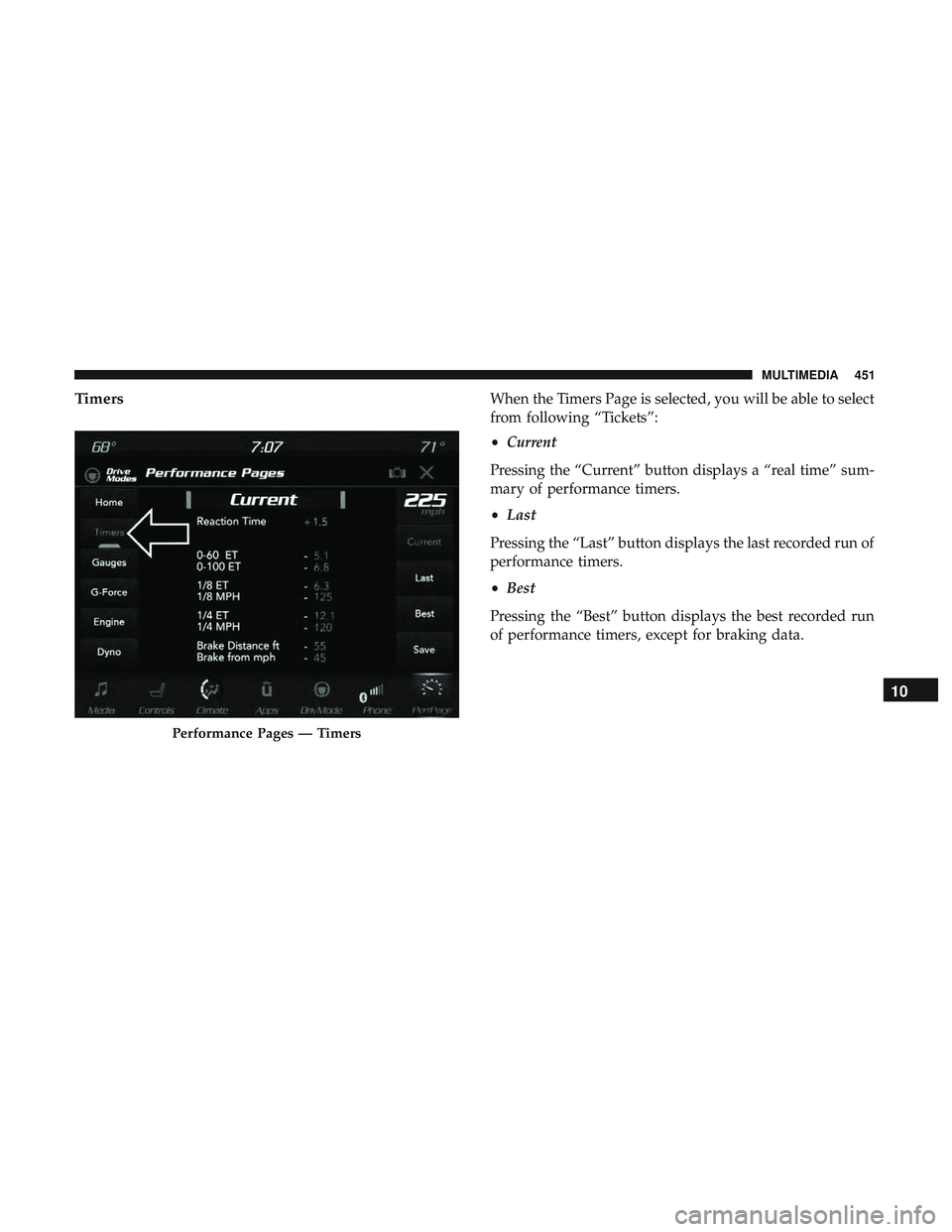 DODGE CHALLENGER 2018  Owners Manual TimersWhen the Timers Page is selected, you will be able to select
from following “Tickets”:
•Current
Pressing the “Current” button displays a “real time” sum-
mary of performance timers