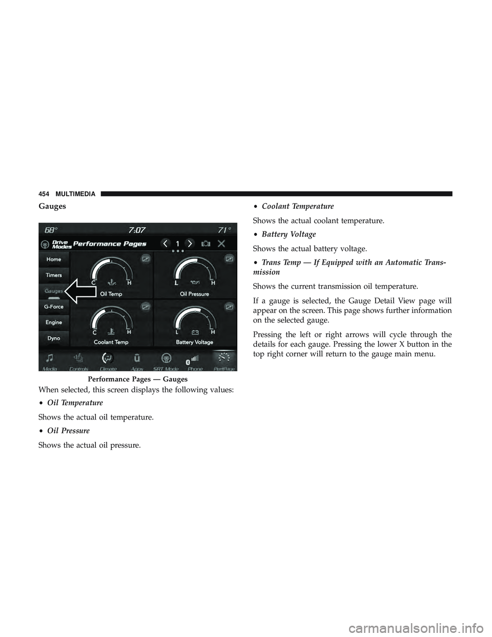 DODGE CHALLENGER 2018  Owners Manual Gauges
When selected, this screen displays the following values:
•Oil Temperature
Shows the actual oil temperature.
• Oil Pressure
Shows the actual oil pressure. •
Coolant Temperature
Shows the 