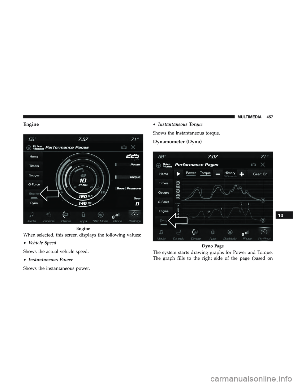 DODGE CHALLENGER 2018  Owners Manual Engine
When selected, this screen displays the following values:
•Vehicle Speed
Shows the actual vehicle speed.
• Instantaneous Power
Shows the instantaneous power. •
Instantaneous Torque
Shows 