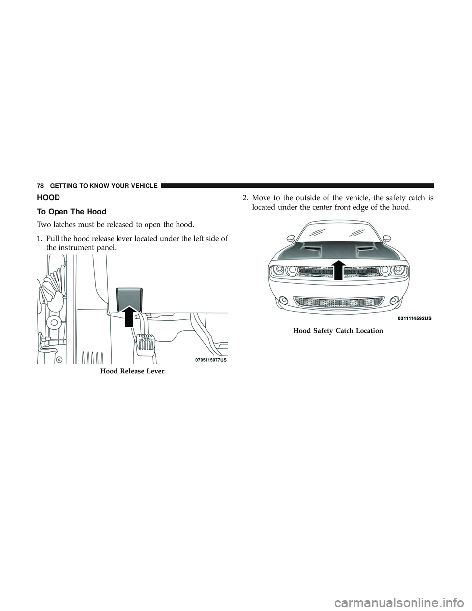 DODGE CHALLENGER 2018  Owners Manual HOOD
To Open The Hood
Two latches must be released to open the hood.
1. Pull the hood release lever located under the left side ofthe instrument panel. 2. Move to the outside of the vehicle, the safet
