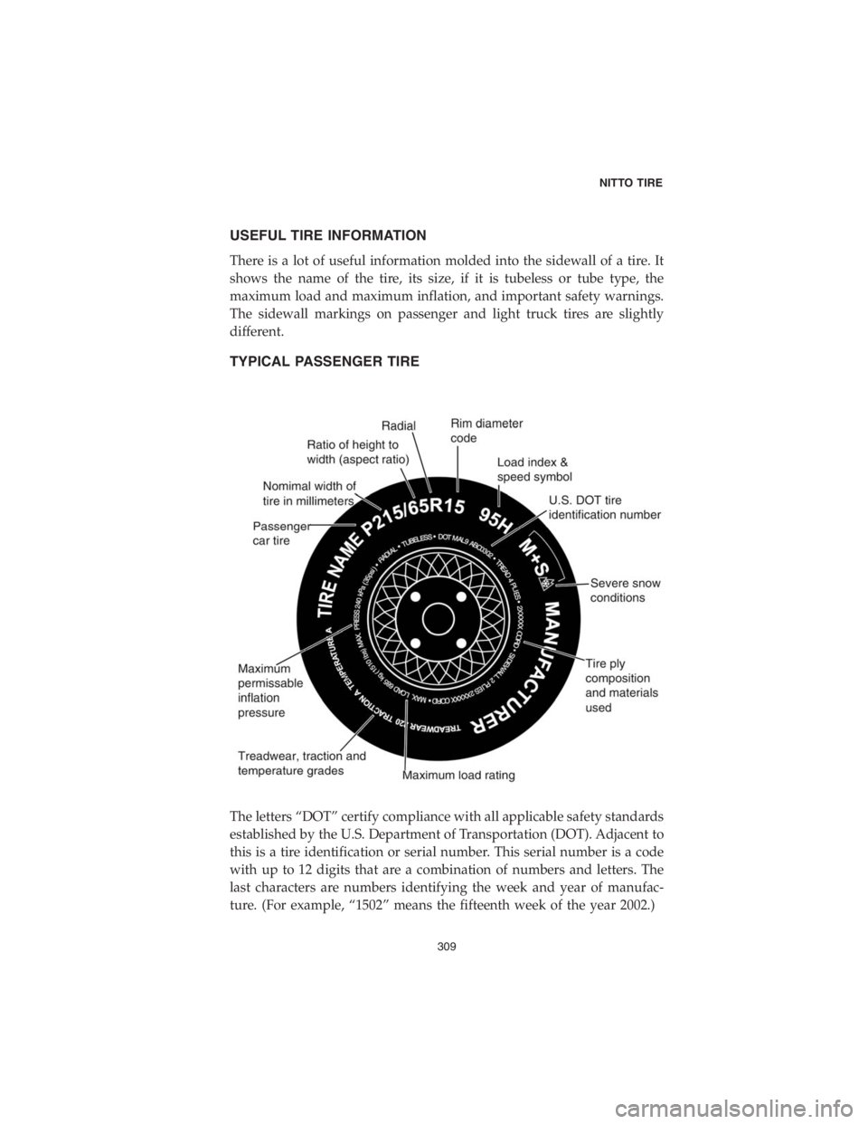 DODGE CHALLENGER 2018  Vehicle Warranty USEFUL TIRE INFORMATION
There is a lot of useful information molded into the sidewall of a tire. It
shows the name of the tire, its size, if it is tubeless or tube type, the
maximum load and maximum i