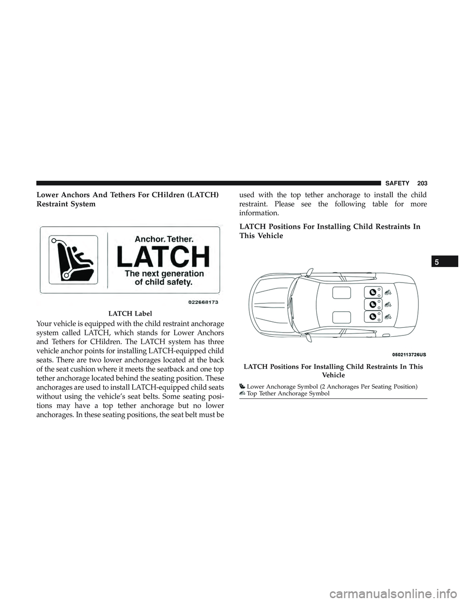 DODGE CHARGER 2018 Owners Manual Lower Anchors And Tethers For CHildren (LATCH)
Restraint System
Your vehicle is equipped with the child restraint anchorage
system called LATCH, which stands for Lower Anchors
and Tethers for CHildren DODGE CHARGER 2018 Owners Manual Lower Anchors And Tethers For CHildren (LATCH)
Restraint System
Your vehicle is equipped with the child restraint anchorage
system called LATCH, which stands for Lower Anchors
and Tethers for CHildren