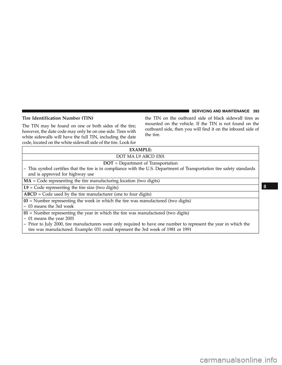 DODGE CHARGER 2018 Owners Manual Tire Identification Number (TIN)
The TIN may be found on one or both sides of the tire;
however, the date code may only be on one side. Tires with
white sidewalls will have the full TIN, including the DODGE CHARGER 2018 Owners Manual Tire Identification Number (TIN)
The TIN may be found on one or both sides of the tire;
however, the date code may only be on one side. Tires with
white sidewalls will have the full TIN, including the