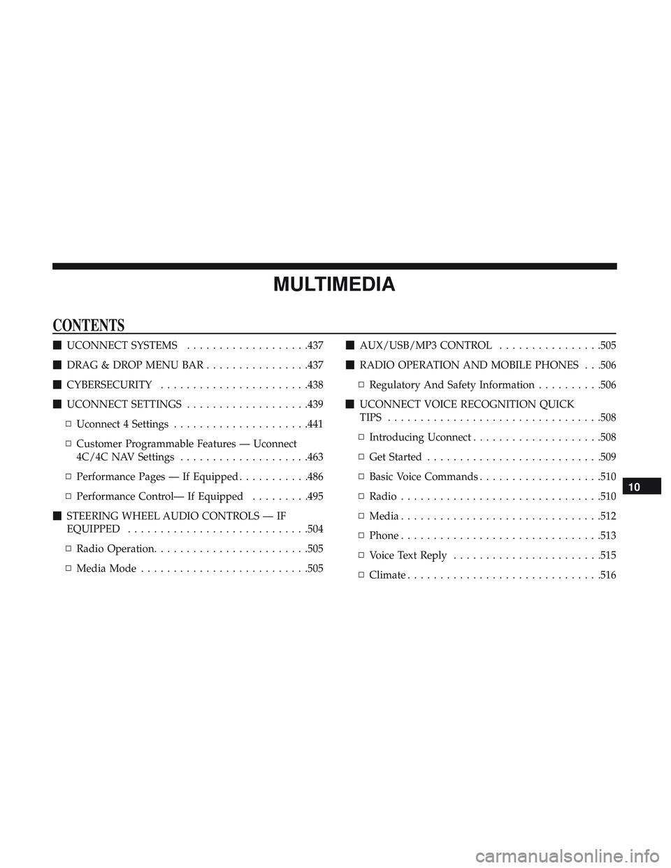 DODGE CHARGER 2018 Owners Manual MULTIMEDIA
CONTENTS
UCONNECT SYSTEMS ...................437
DRAG & DROP MENU BAR ................437
CYBERSECURITY .......................438
UCONNECT SETTINGS ...................439
▫ Uconne DODGE CHARGER 2018 Owners Manual MULTIMEDIA
CONTENTS
UCONNECT SYSTEMS ...................437
DRAG & DROP MENU BAR ................437
CYBERSECURITY .......................438
UCONNECT SETTINGS ...................439
▫ Uconne