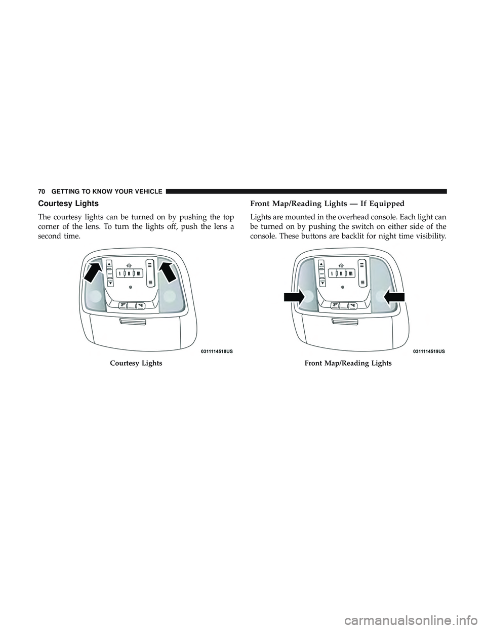 DODGE CHARGER 2018  Owners Manual Courtesy Lights
The courtesy lights can be turned on by pushing the top
corner of the lens. To turn the lights off, push the lens a
second time.
Front Map/Reading Lights — If Equipped
Lights are mou