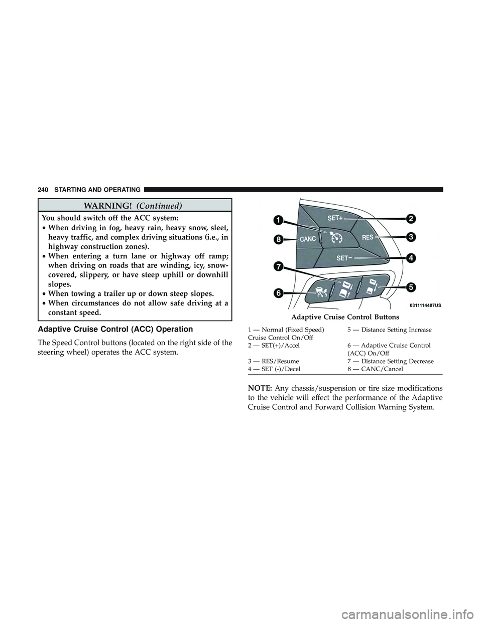 DODGE CHARGER SRT 2018 Owners Manual WARNING!(Continued)
You should switch off the ACC system:
•When driving in fog, heavy rain, heavy snow, sleet,
heavy traffic, and complex driving situations (i.e., in
highway construction zones).
DODGE CHARGER SRT 2018 Owners Manual WARNING!(Continued)
You should switch off the ACC system:
•When driving in fog, heavy rain, heavy snow, sleet,
heavy traffic, and complex driving situations (i.e., in
highway construction zones).